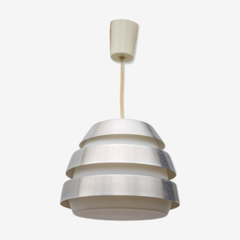 Space Age aluminum and opaline glass pendant light, vintage ceiling lamp, Scandinavian lamp