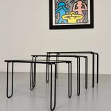 Vintage Italian design nesting coffee table in metal and glass from the 1980s