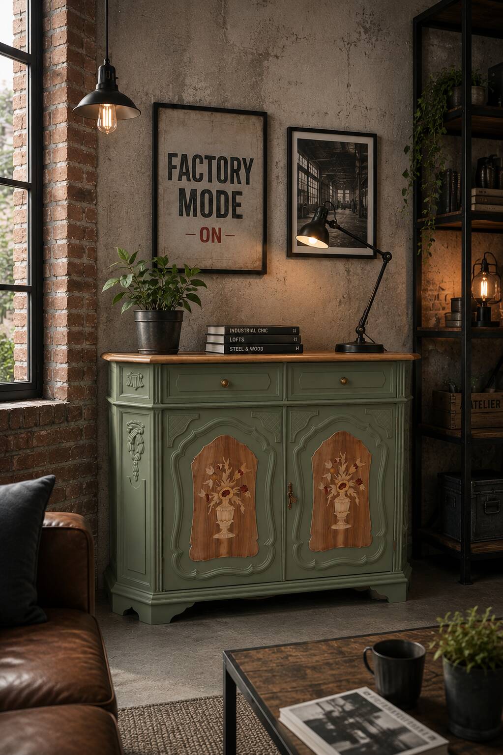 GREEN BRONZE AND WOOD BUFFET WITH MARQUETRY