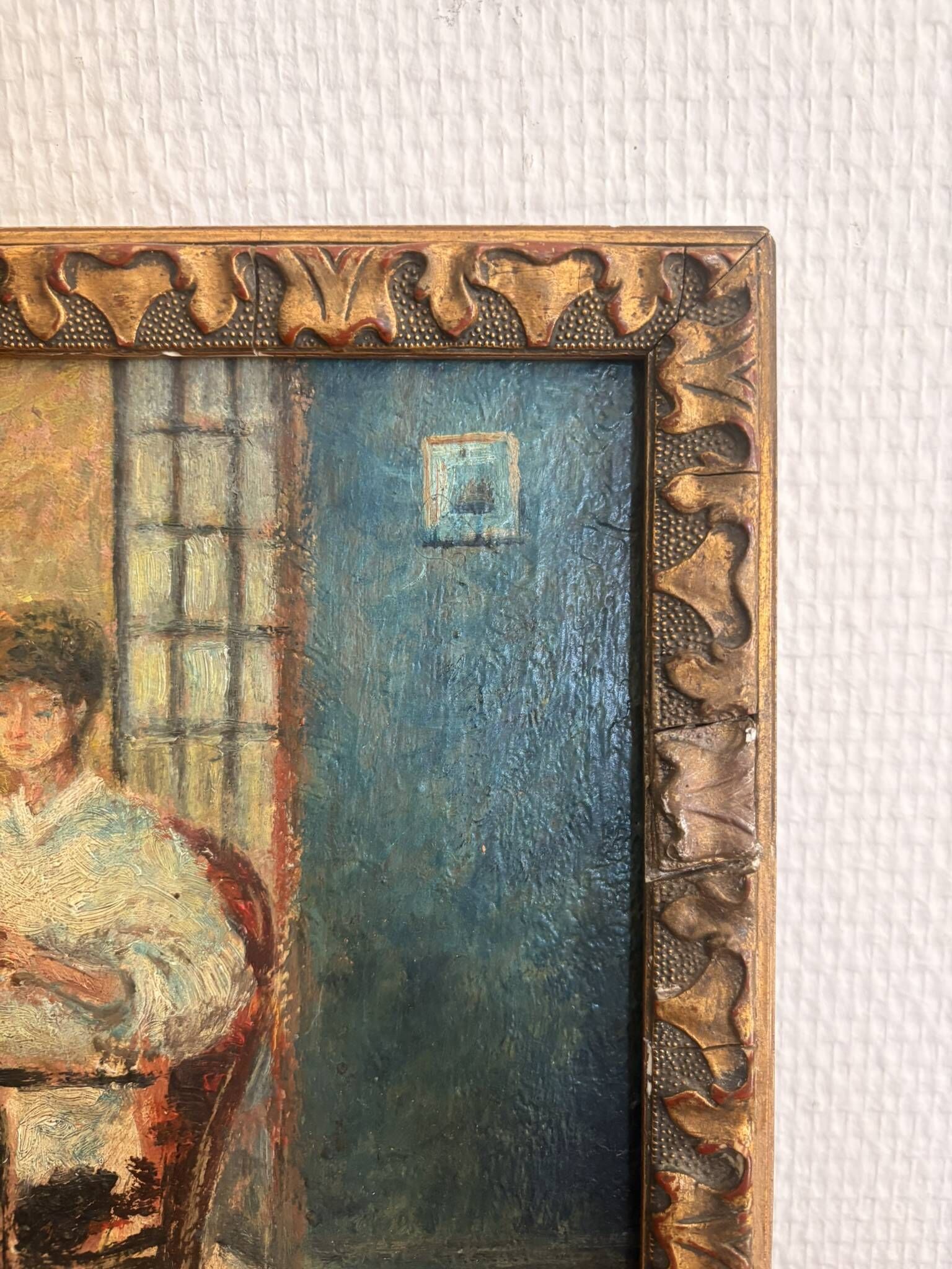 Oil Painting Tableau Paul Flaubert 1928-1994 Interior Scene Knitter