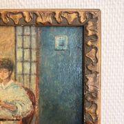 Oil Painting Tableau Paul Flaubert 1928-1994 Interior Scene Knitter
