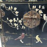 Chinese sideboard with gold lacquer and mother-of-pearl inlay. Bird and landscape decor.