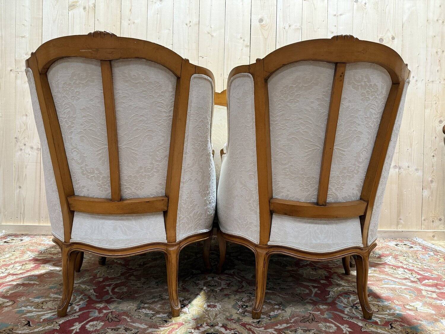 Beige Louis XV style salon sofa and pair of armchairs.