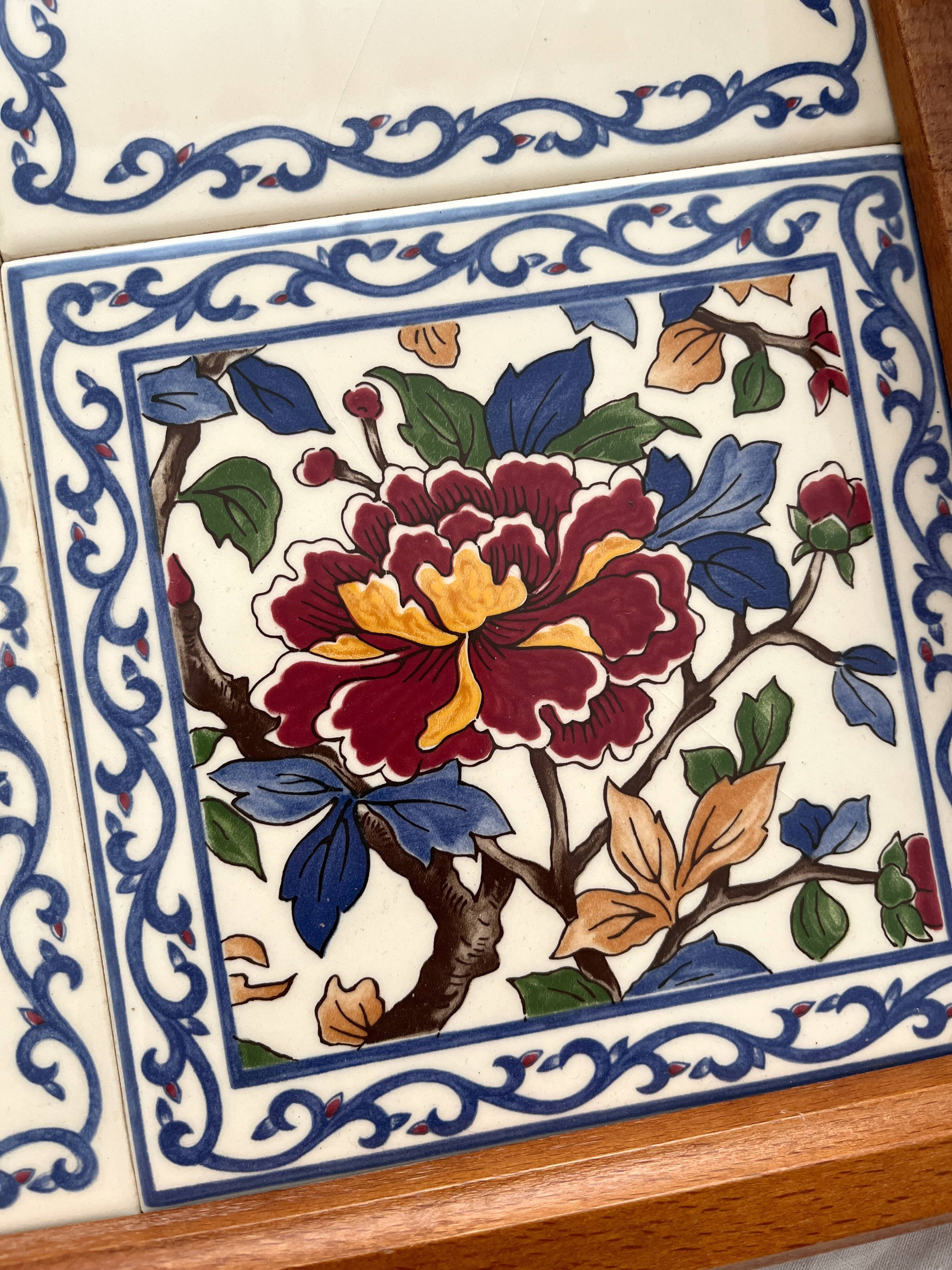 Vintage wooden and earthenware tray from Gien with Peonies decor