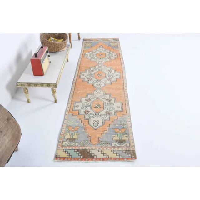 Vintage Turkish Hand-Knotted Wool Cotton Orange Runner Rug 69x271