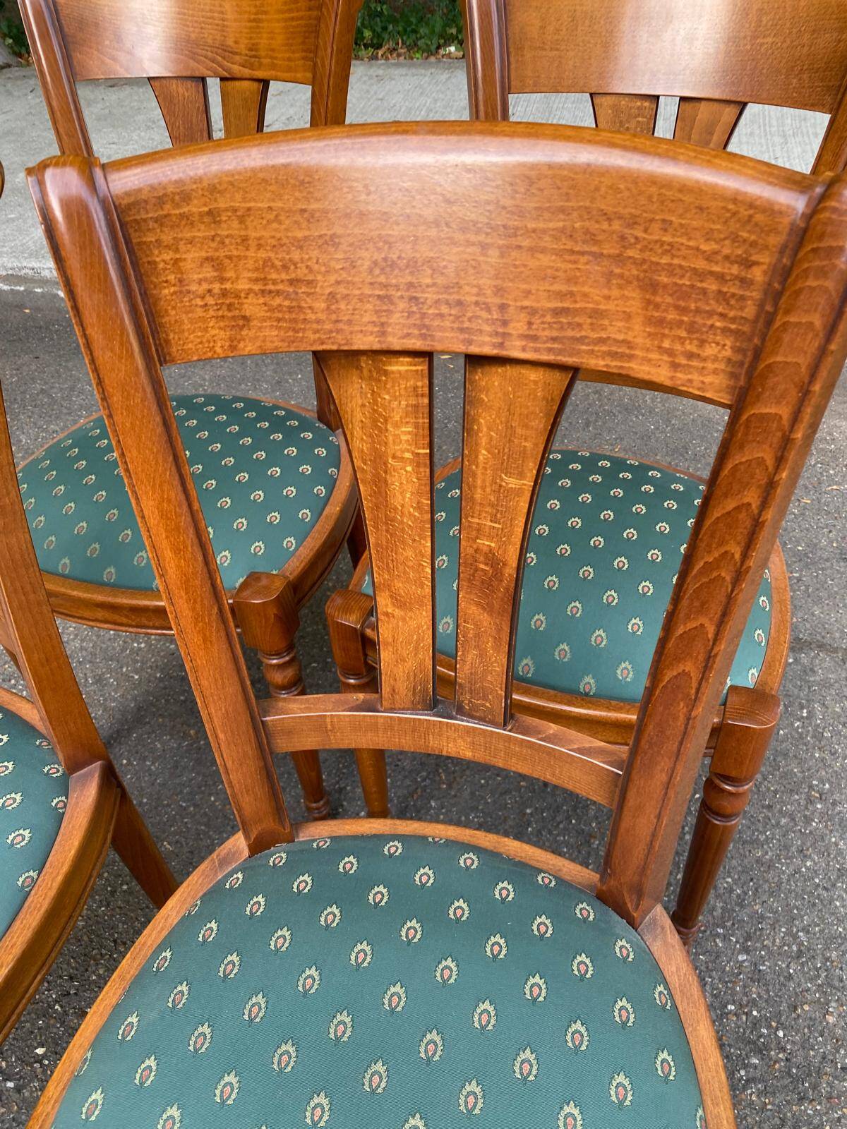 4 solid wood dining chairs with green fabric Louis Philippe 198