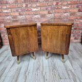 Pair of Asymmetrical Mid-Century  Walnut Nightstands with Brass Details