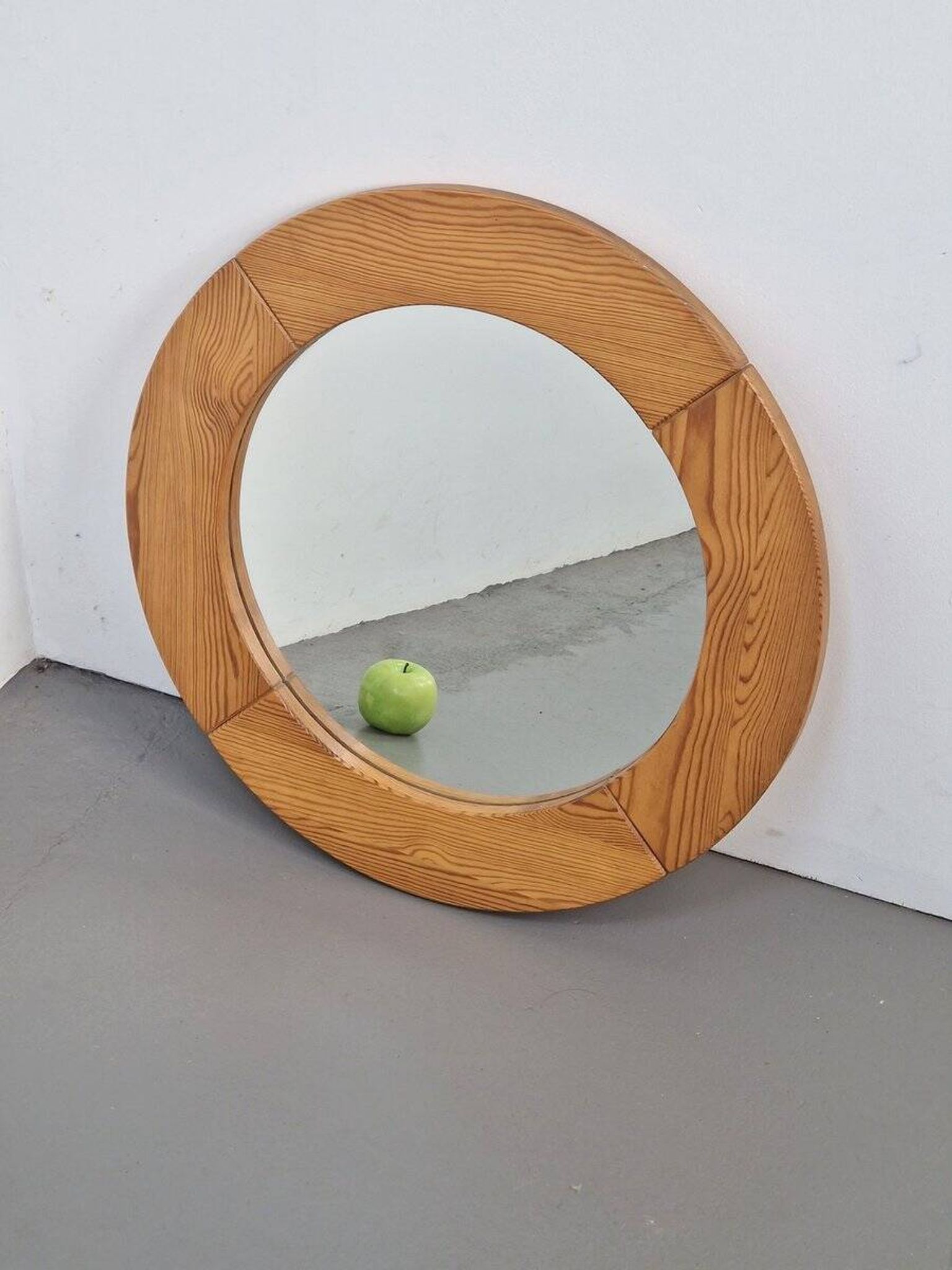 Vintage Scandinavian Round Pine Mirror, 1970s