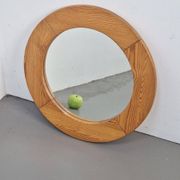Vintage Scandinavian Round Pine Mirror, 1970s