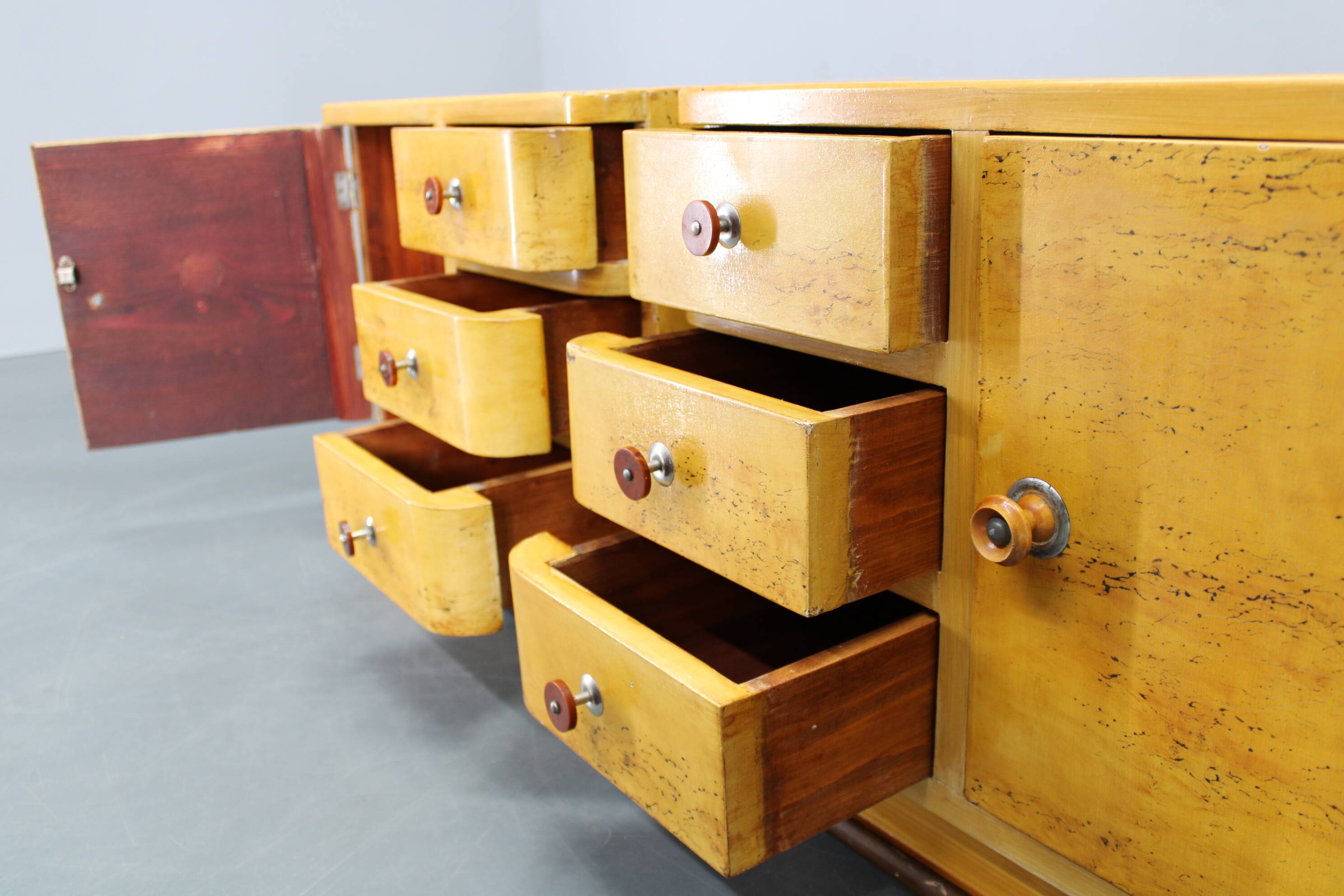 Pair of 1940s Czechoslovak Art Deco nightstands with painted maple imitation finish