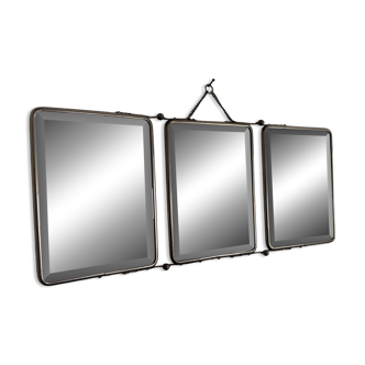 Miroir vintage 1950 triptyque barbier biseauté vert olive - 21 x 50 cm