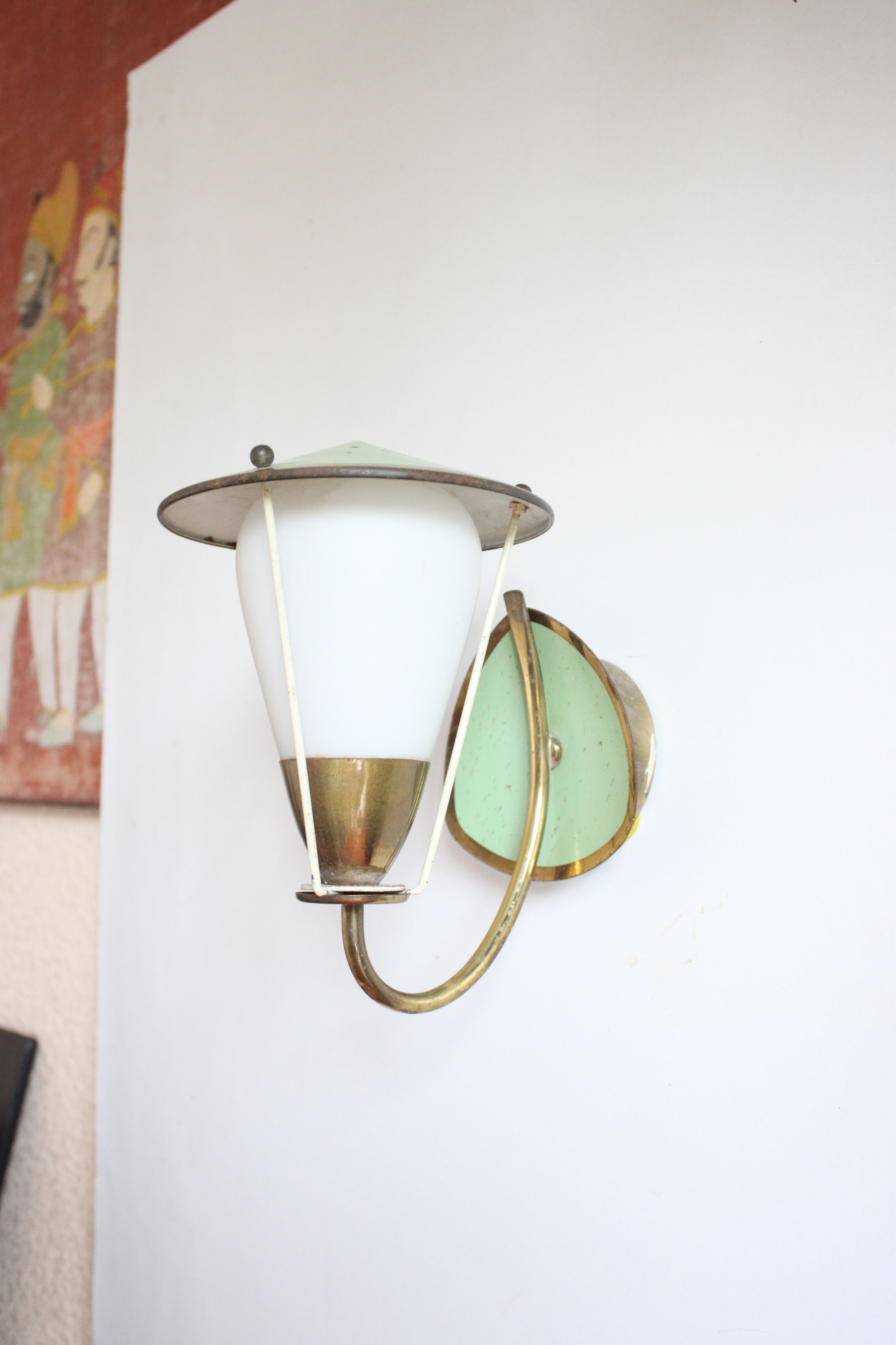 Brass green opaline wall lamp 1950, Expo 58