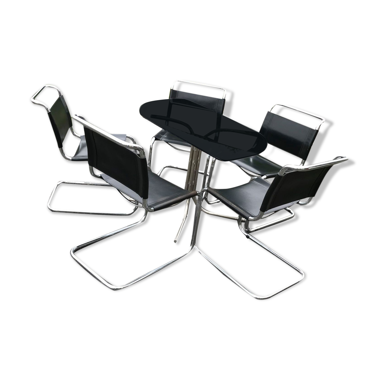 Table et chaises style bauhaus italien chrome & fumé années 1960