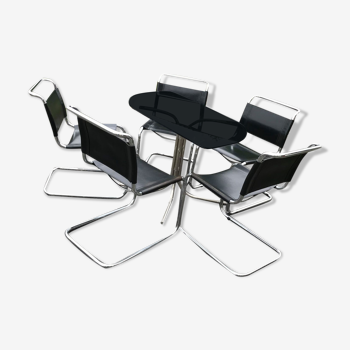 Table et chaises italien bauhaus style chrome & smoked  années 1960