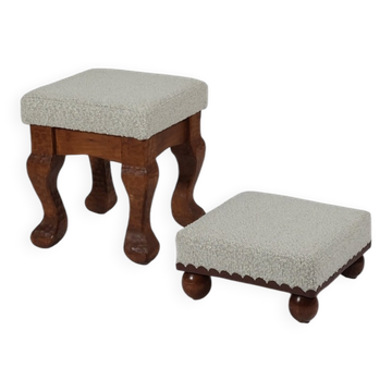 Unique sculpted stool pair, freshly upholstered and exquisite.