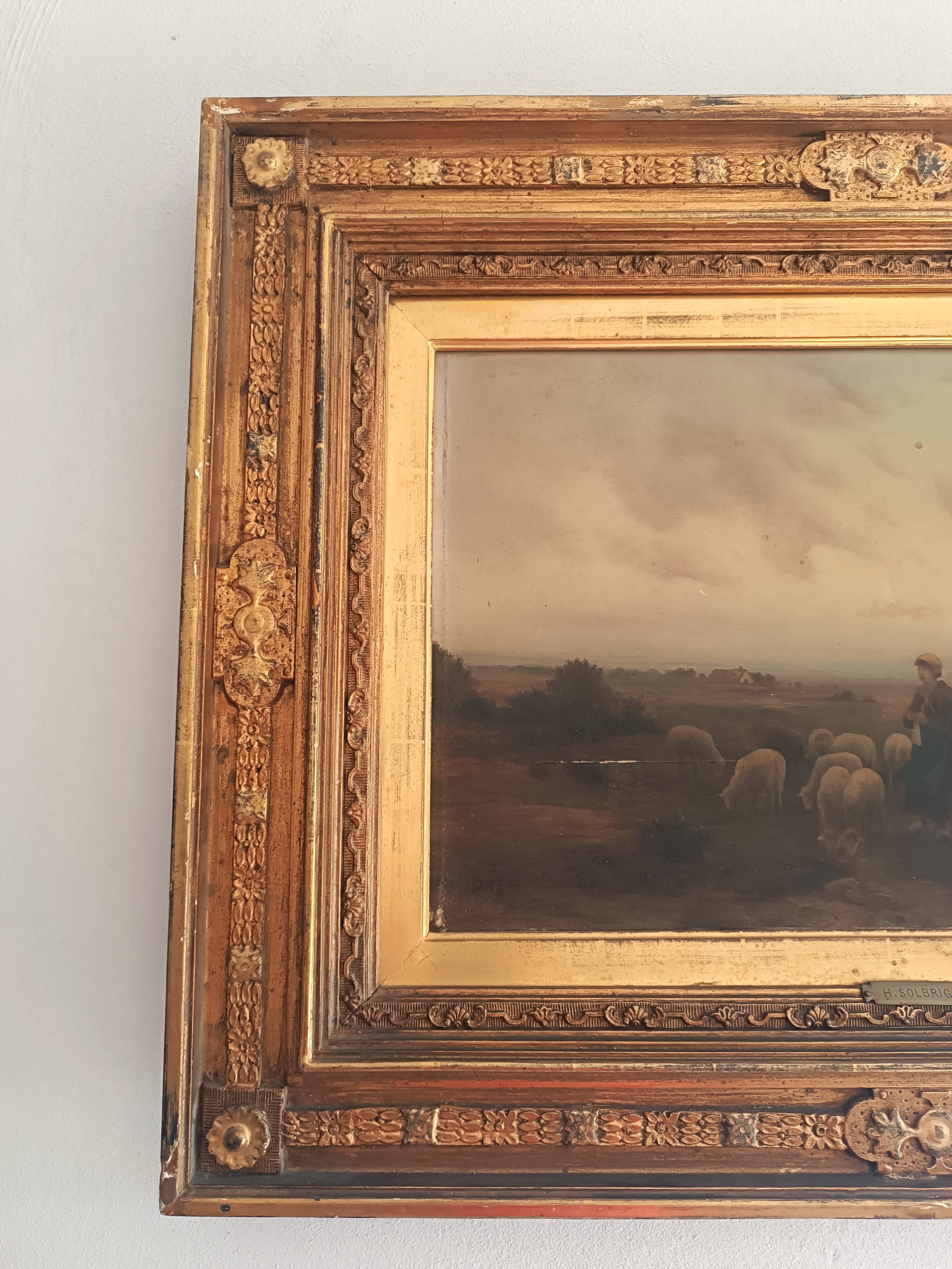 Hermann solbrig (1853-1942) painting, oil on panel, shepherdess and her troupe