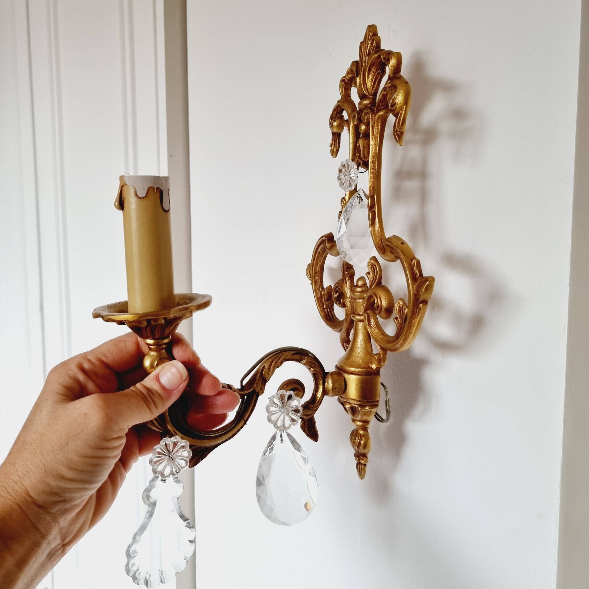 2 antique bronze and rock crystal candles and one light sconces in classic style