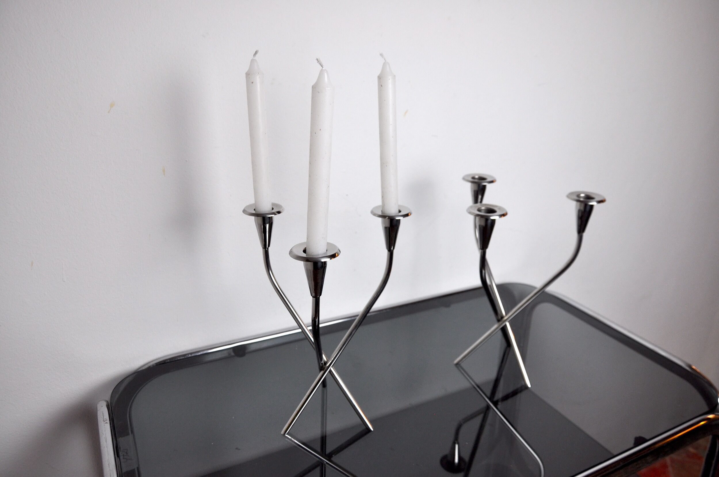 Pair of Scandinavian 3-arm candlesticks in alpaca, Sweden, 1970