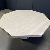 Table à manger octogonale italienne en travertin et laiton des années 1970