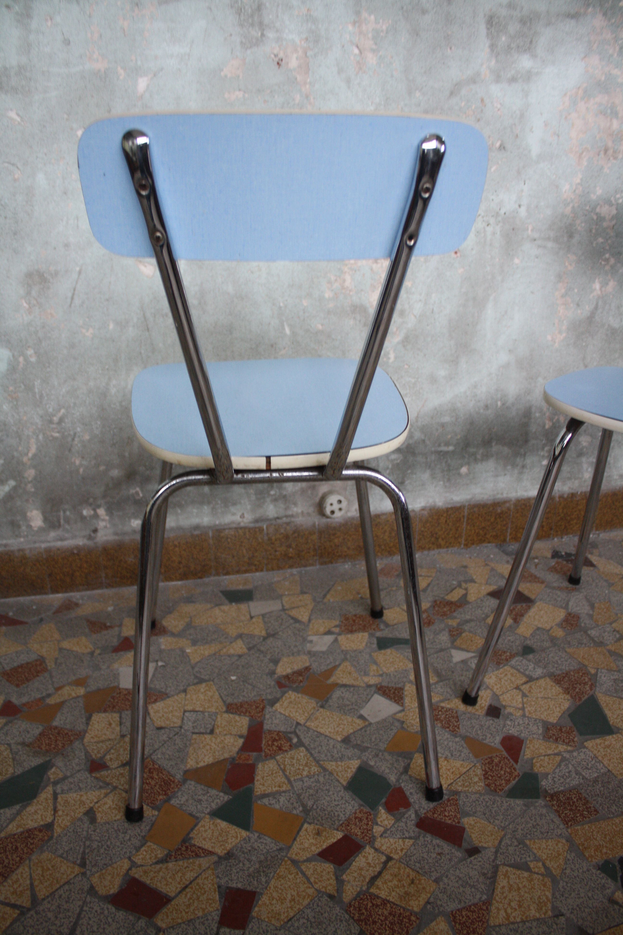 Pair of blue vintage formica kitchen chairs