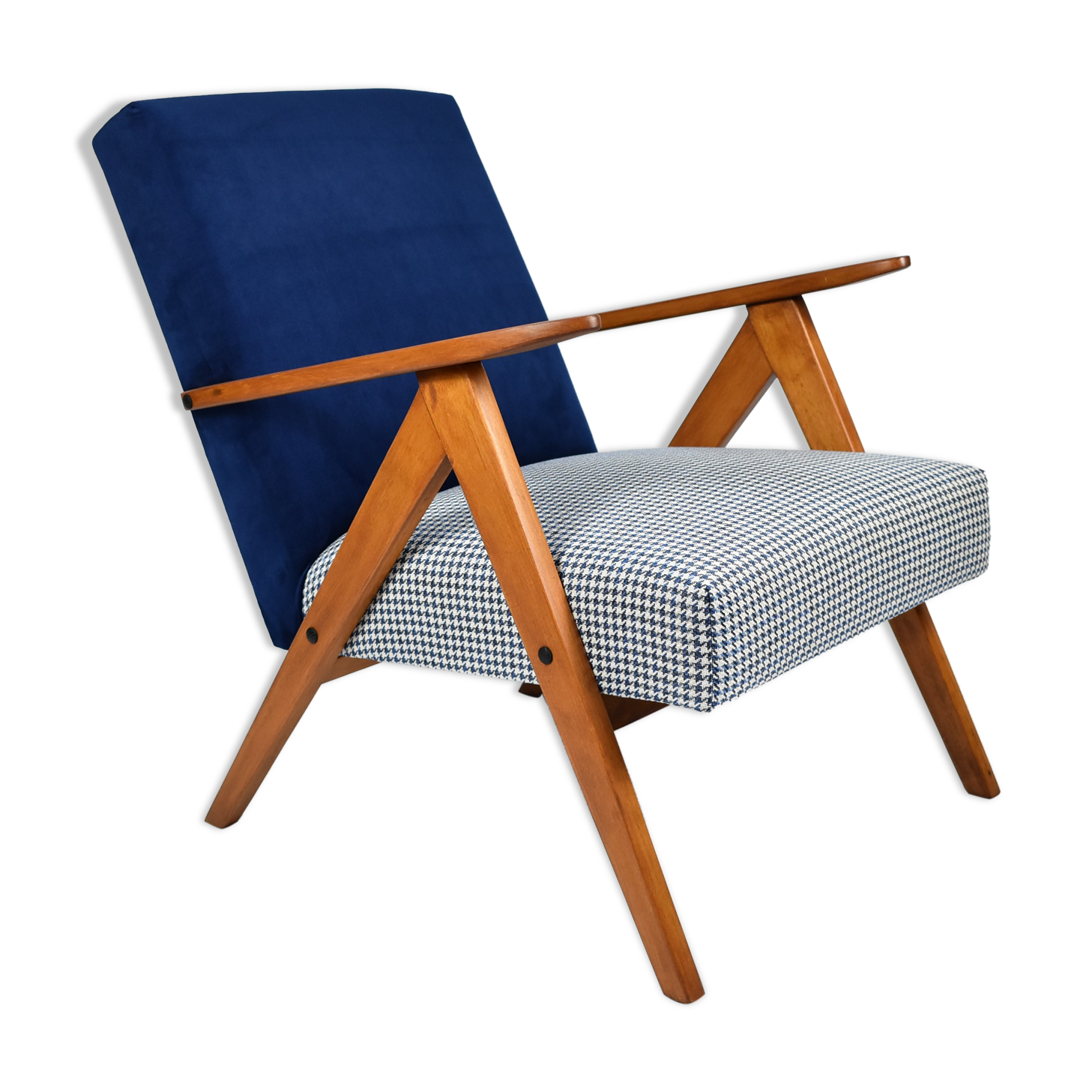 Vintage original 60s armchair, refstored, blue velvet, poule fabric