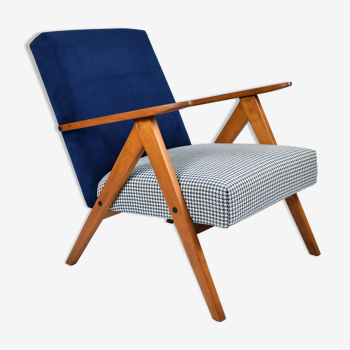 Vintage original 60s armchair, refstored, blue velvet, poule fabric