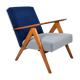 Vintage original 60s armchair, refstored, blue velvet, poule fabric
