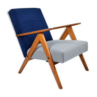Vintage original 60s armchair, refstored, blue velvet, poule fabric