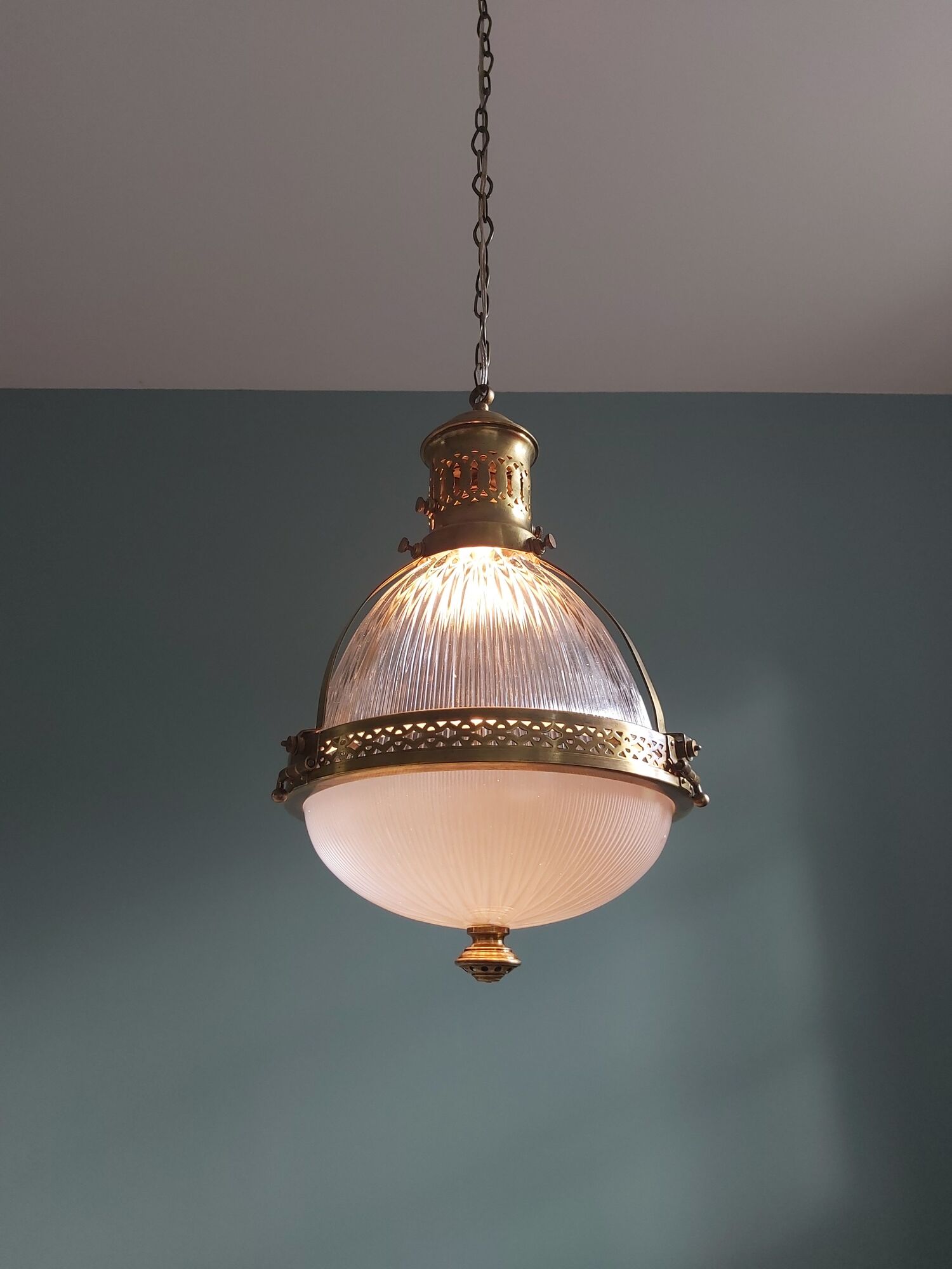 Holophane pendant lamp in prismatic glass and brass, 1920s-30s