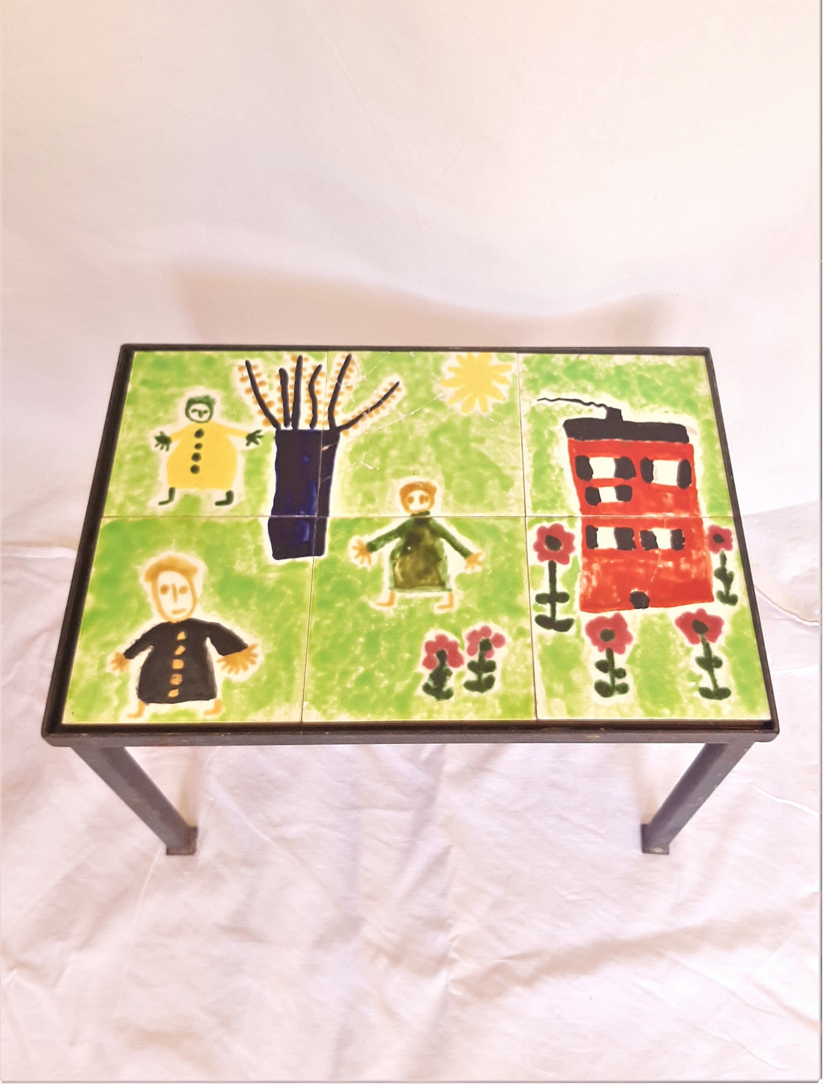 Children's coffee table, 70s with naïve drawing on ceramics, iron frame