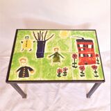 Children's coffee table, 70s with naïve drawing on ceramics, iron frame