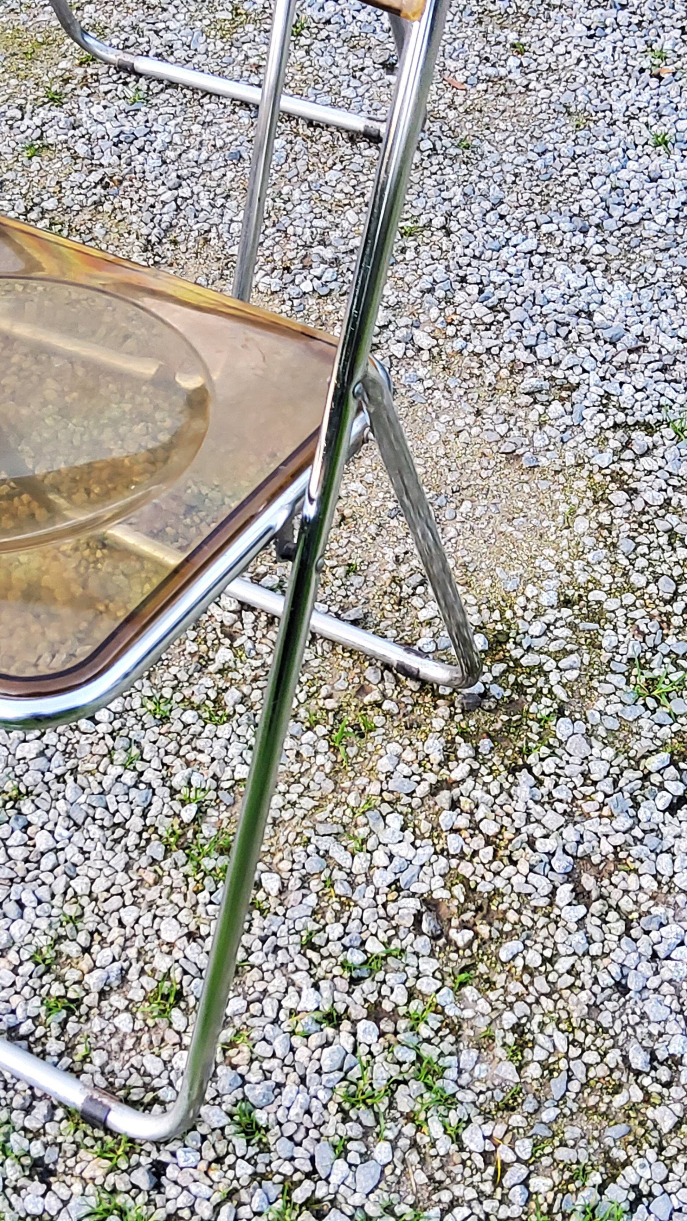 Set of 4 70s design folding chairs in smoked plexiglass and chrome metal