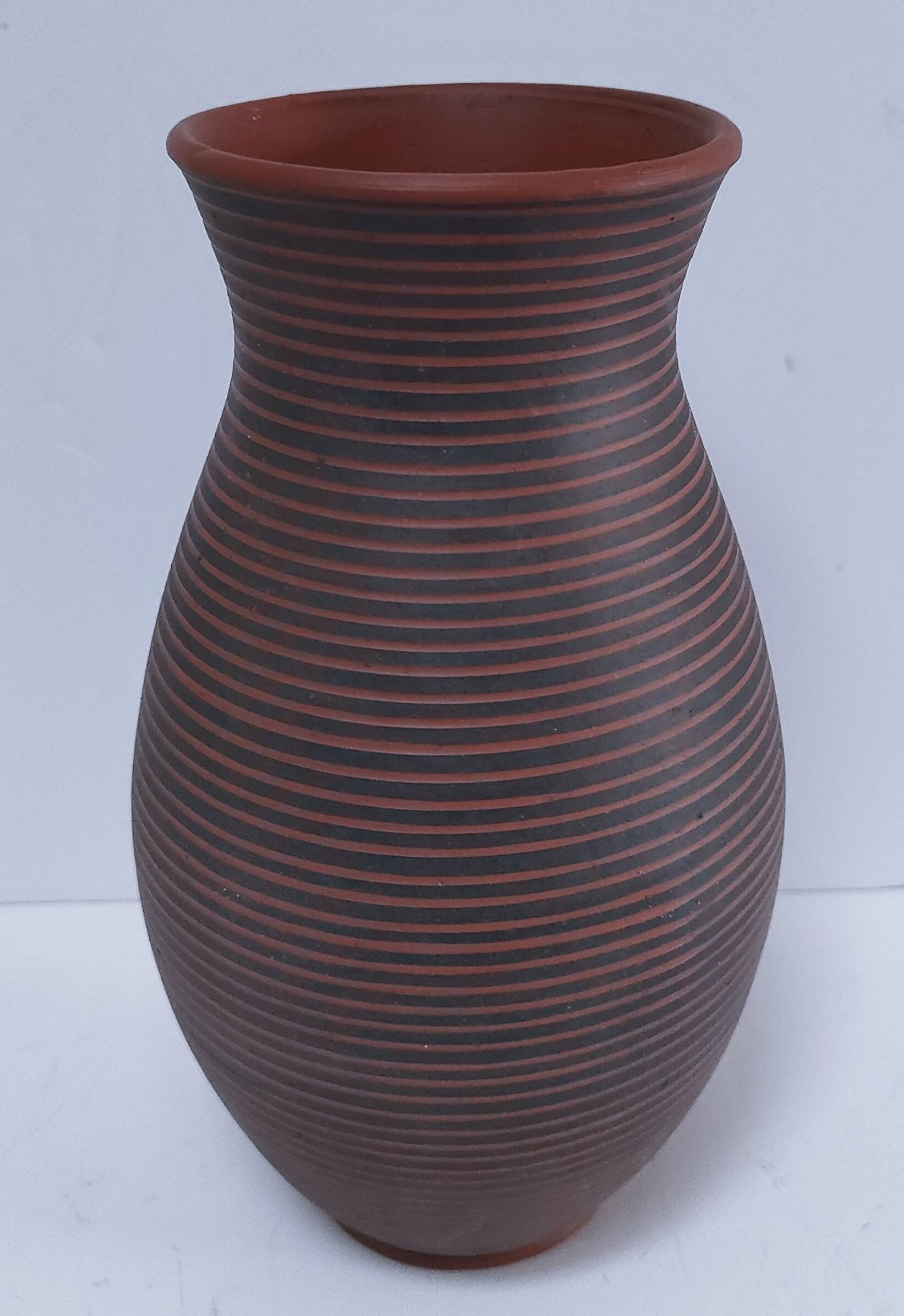 two-tone striped clay vase from the 1960s, signed