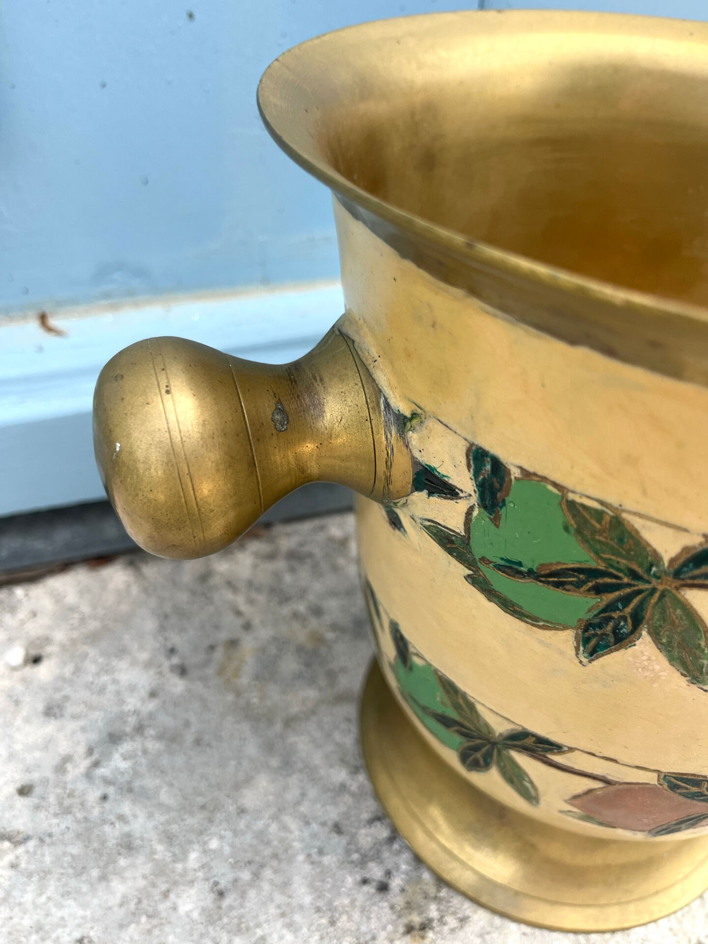 French Brass Cloisonné Style Champagne Bucket with Hand-Painted Fruit