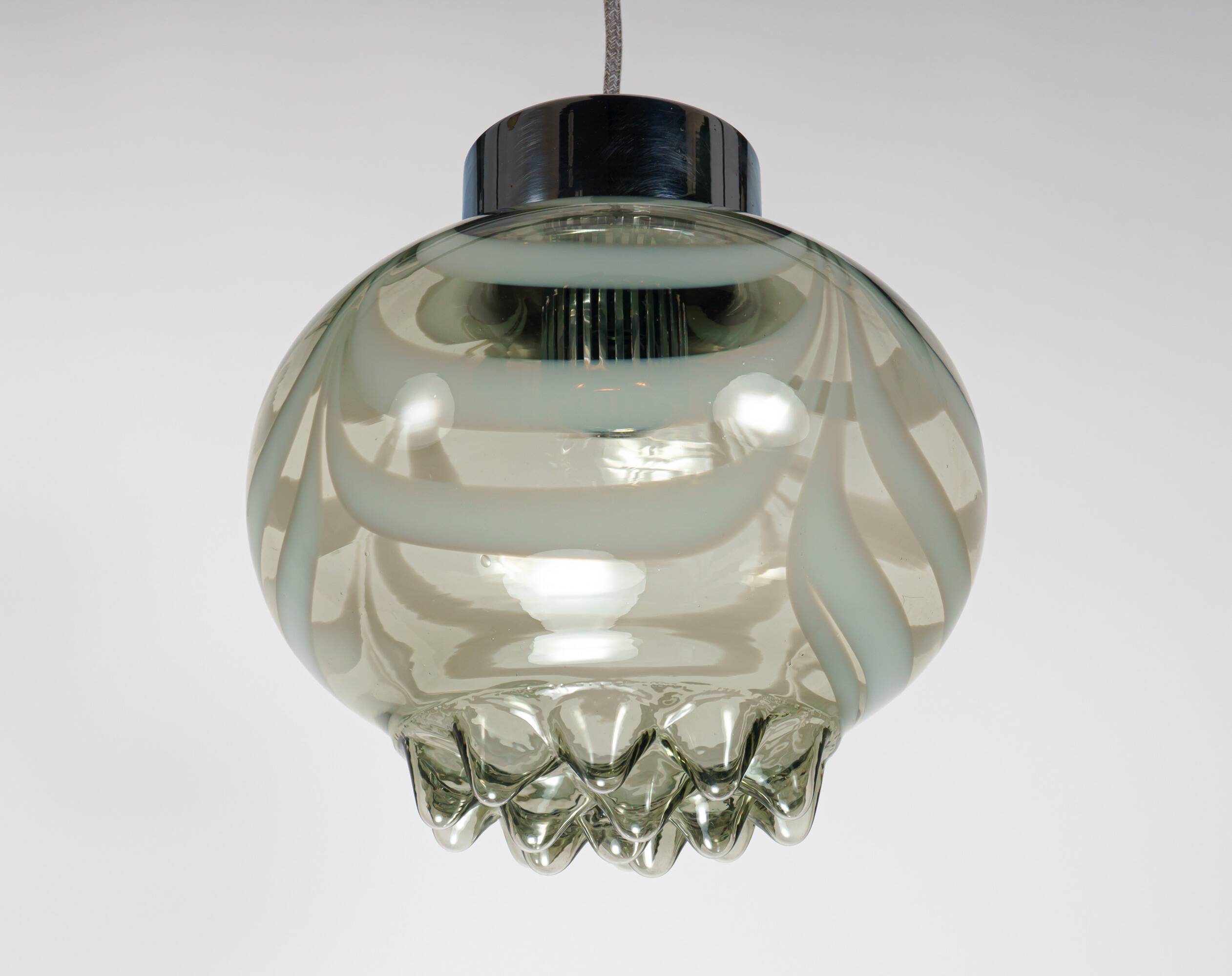 1970s Smoke Grey Textured / Striped Murano Italian Glass Pendant Lamp