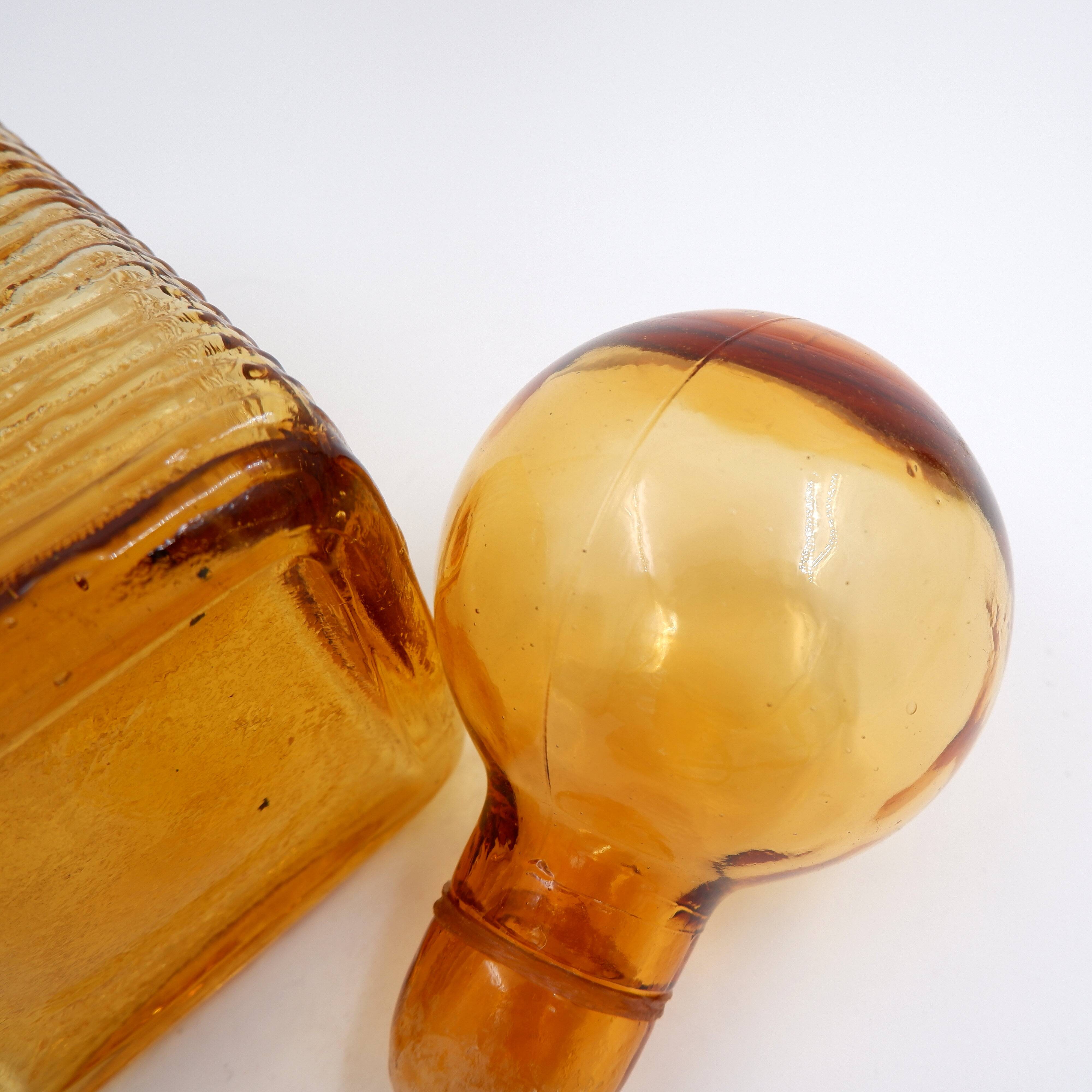 Vintage Italian MCM Empoli Wavy Amber Glass Decanter with Round Ball Stopper