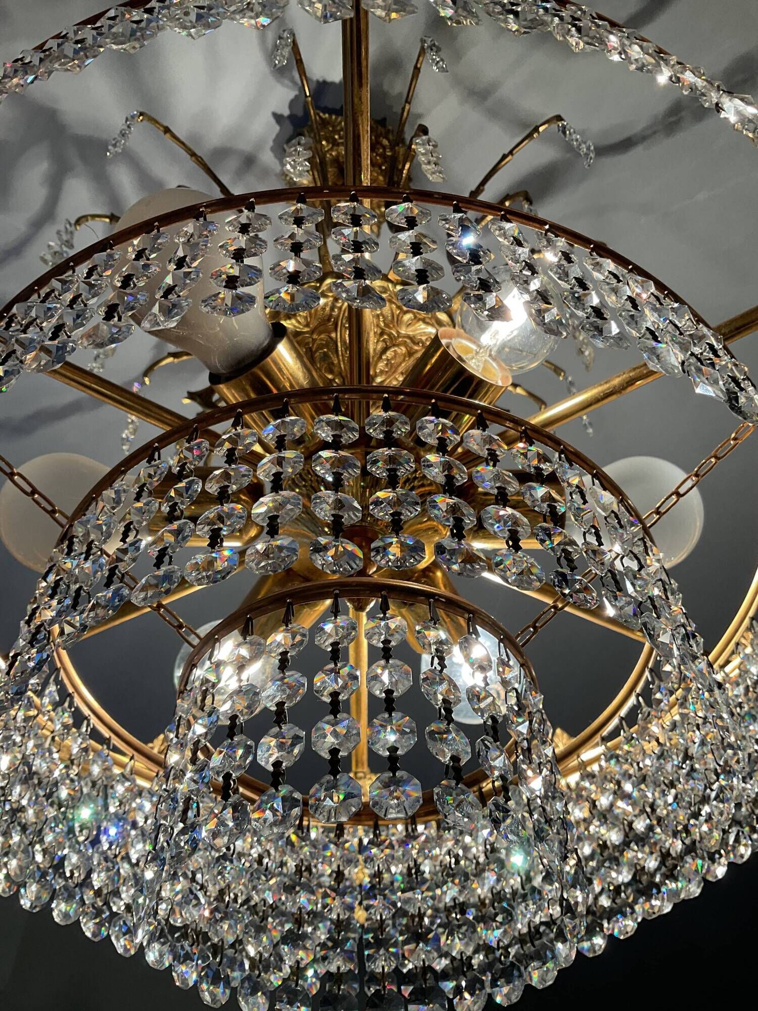 Old bronze waterfall chandelier with crystal tassels