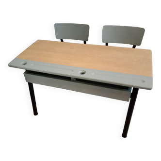 Old vintage child school desk desk raw wood and Scandinavian industrial black wood metal