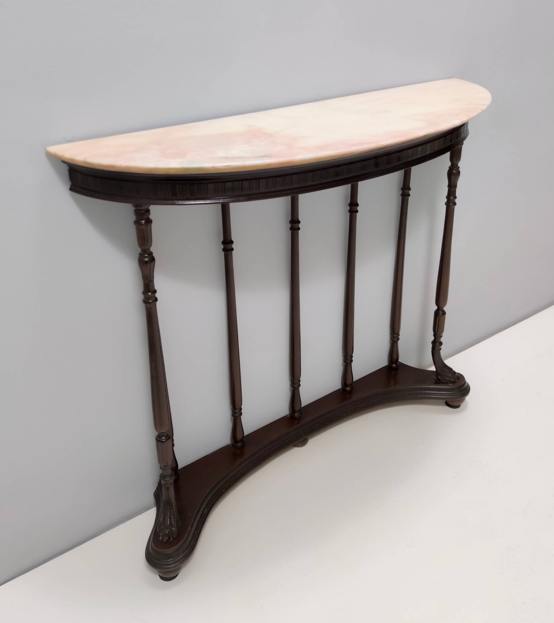 Neoclassical Style Turned Beech Console Table with a Demilune Marble Top, Italy