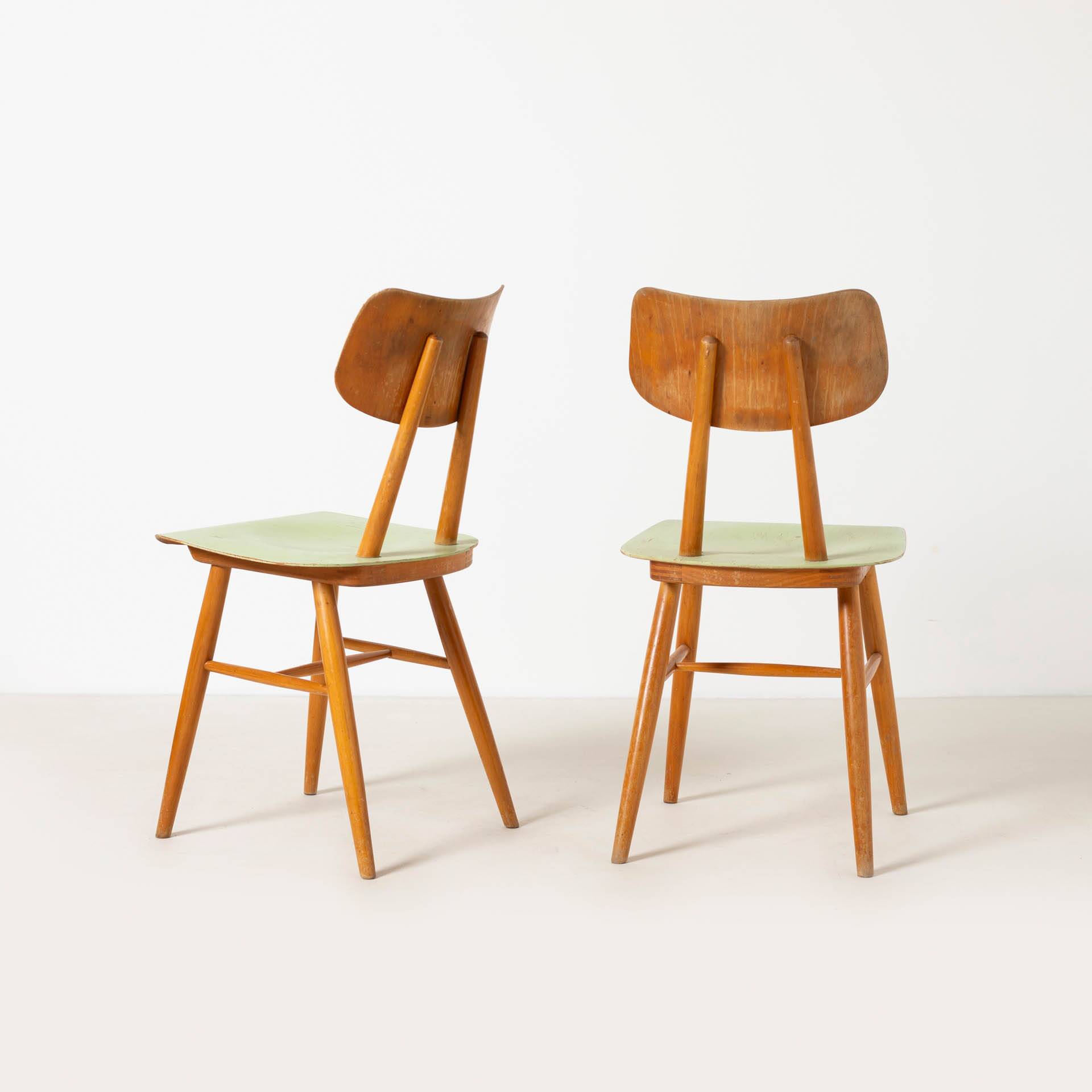 Set of 2 midcentury dining chairs from TON, green painted plywood, 1960S
