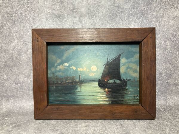 Peinture. Huile sur bois. Marine nuit clair de lune bateau de pêche
