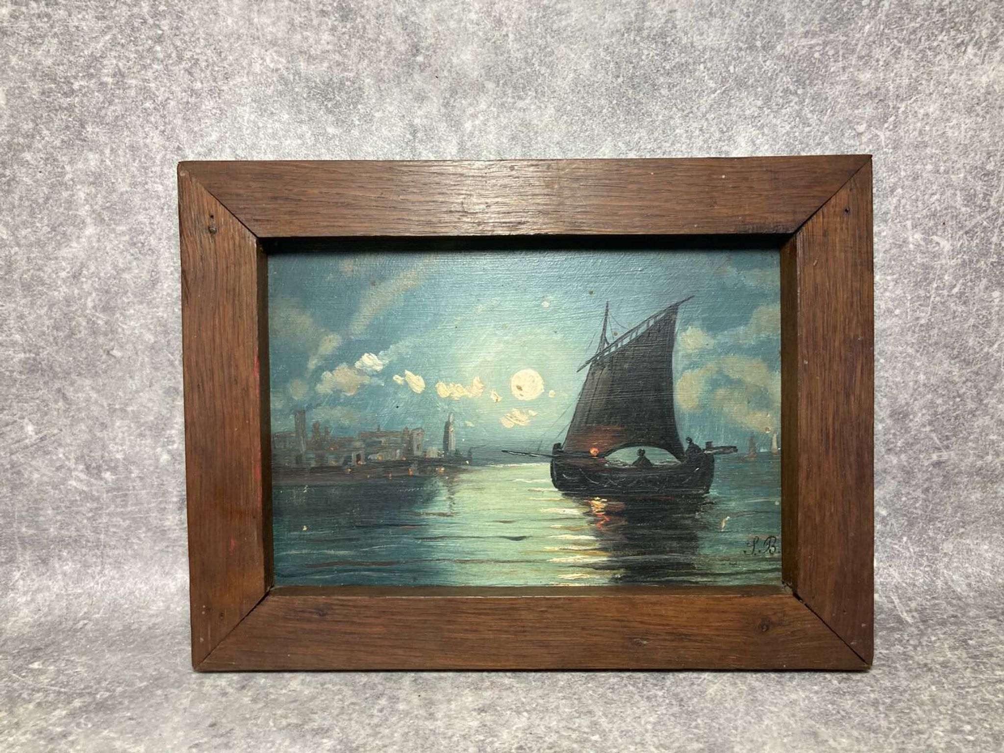 Painting. Oil on wood. Seascape, night, moonlight, fishing boat
