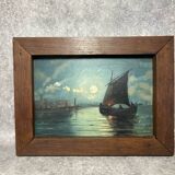 Painting. Oil on wood. Seascape, night, moonlight, fishing boat