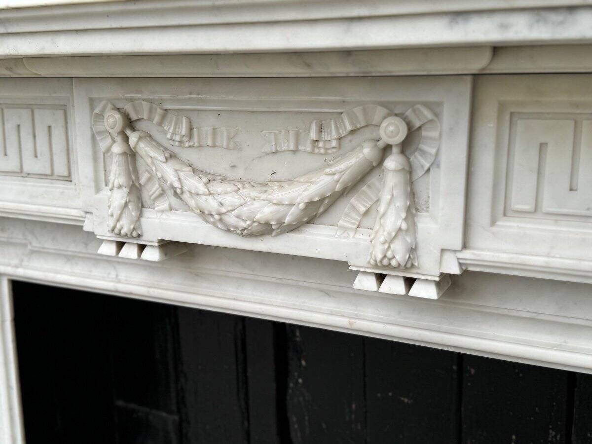 Louis XVI Style Fireplace in White Carrara Marble Circa 1880