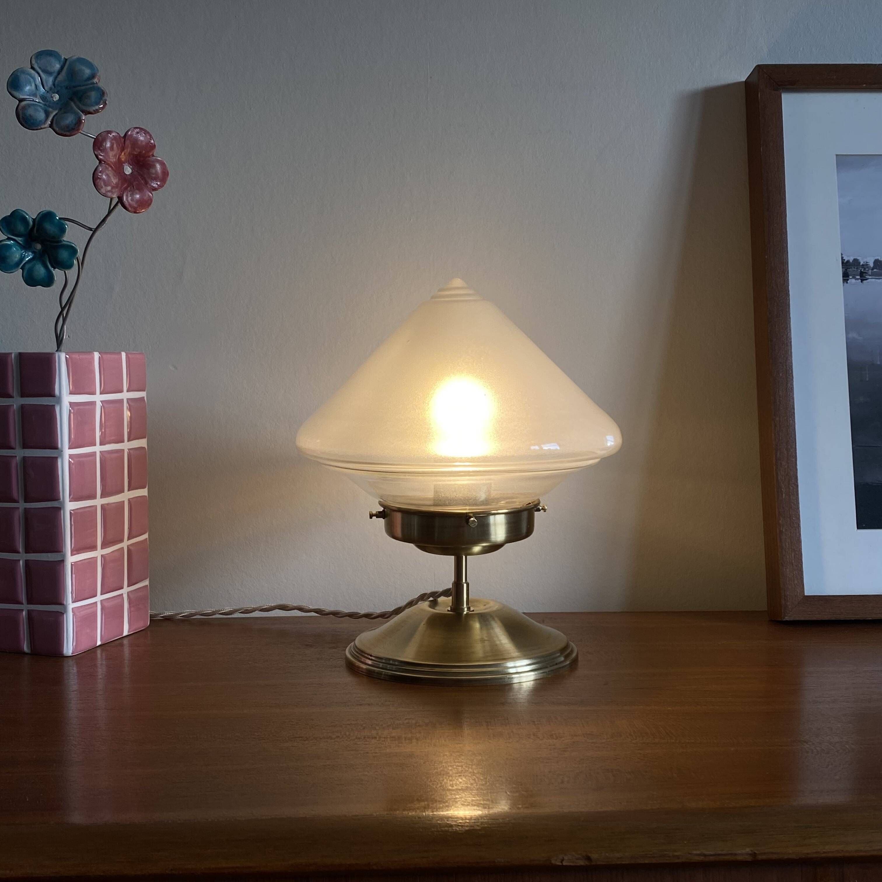 Antique table lamp with pointed glass globe and brass base, antique vintage lighting fixture LAMP-7345