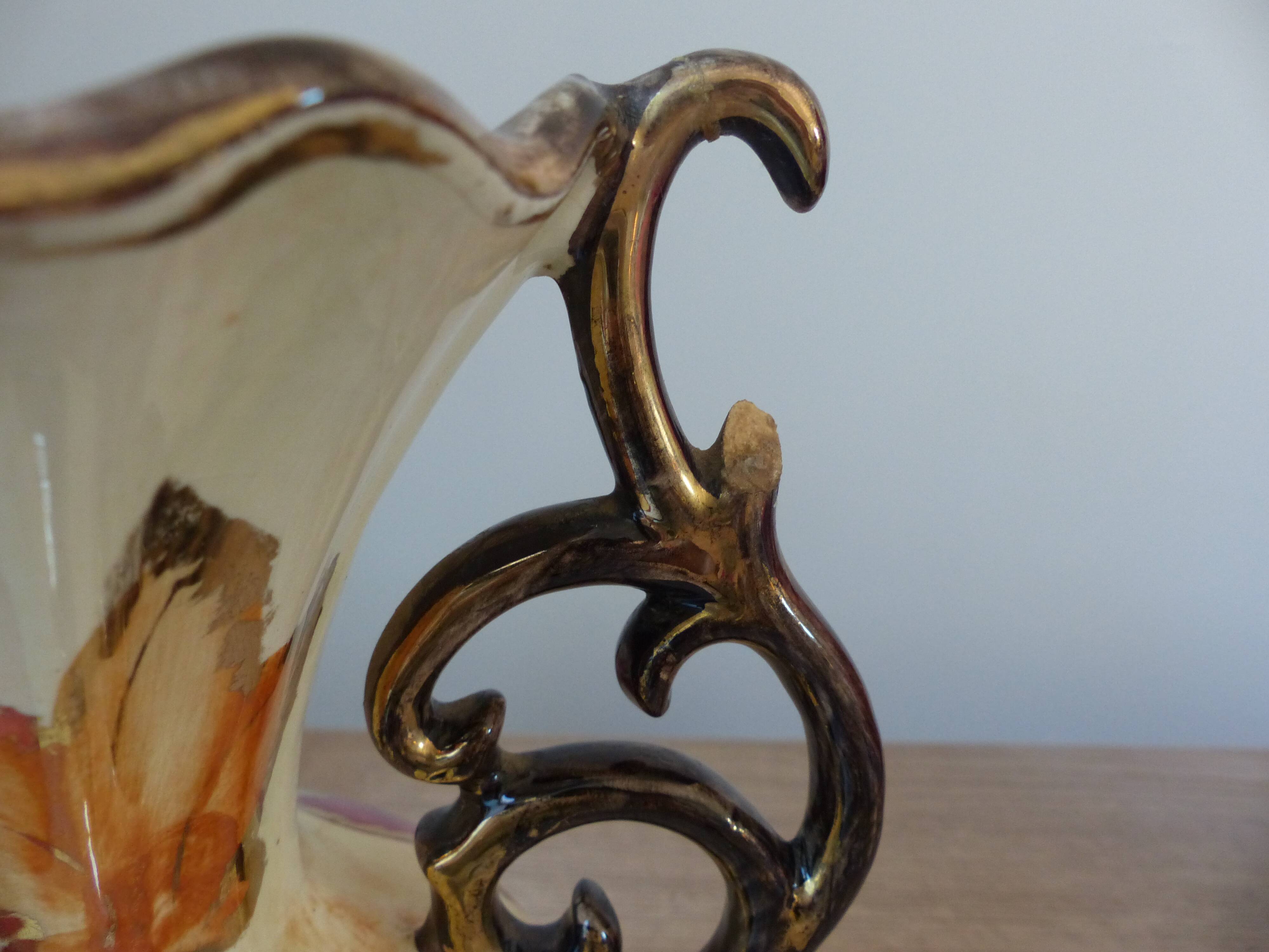 Vintage vase from Belgium signed – 1950s ceramic, decorated with coloured leaves.
