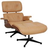 2-piece lounge chair with footstool, caramel, red leather, designed by Eames