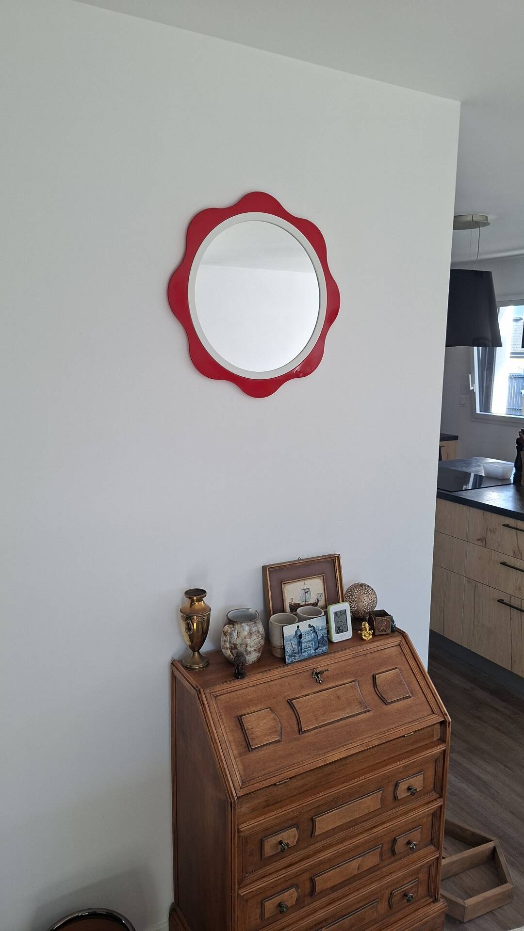 Round wall mirror 53 cm red/white vintage 1960s/70s