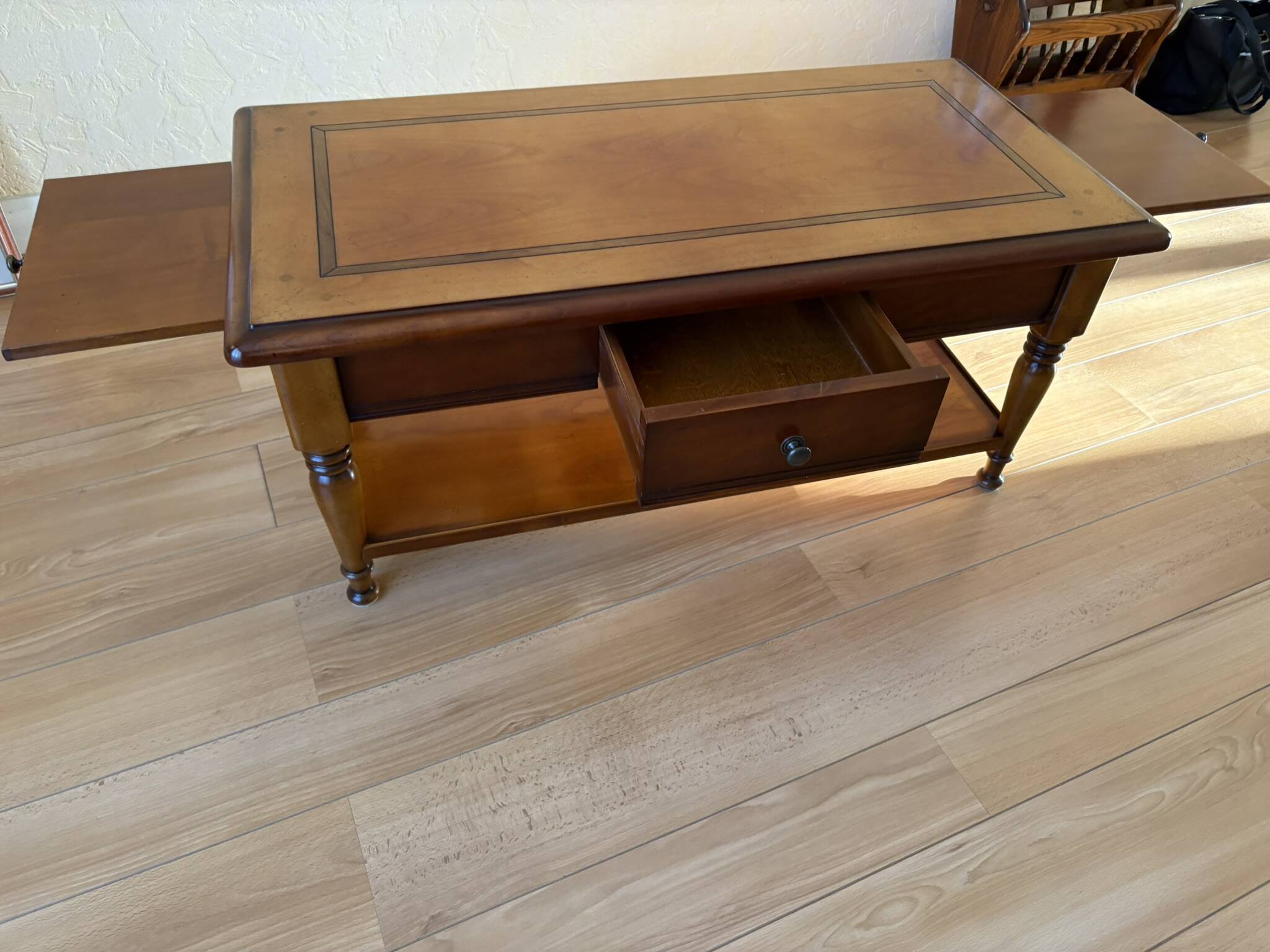 Vintage wooden coffee table with drawer and shelves