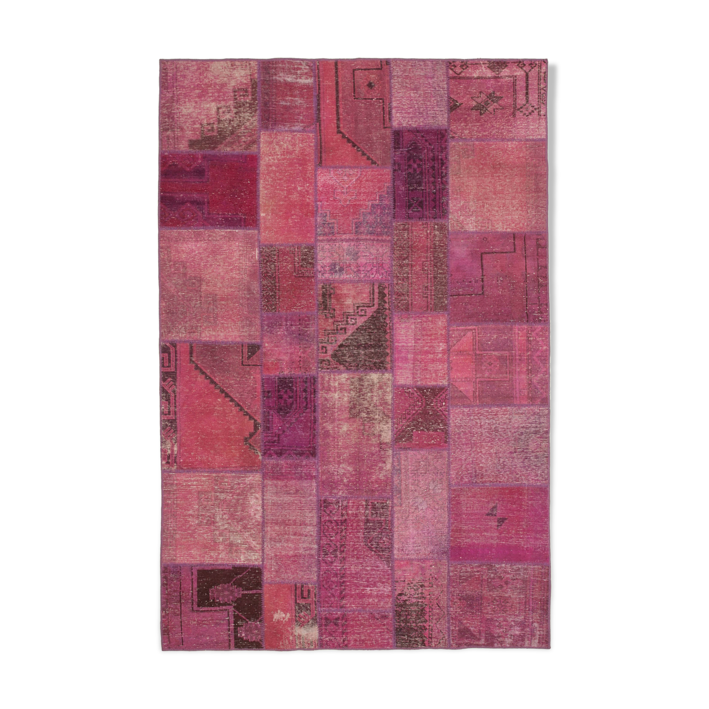 Handwoven oriental overdyed 196 cm x 299 cm pink patchwork carpet